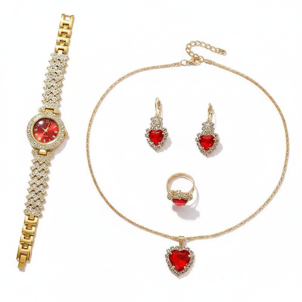 Set Reloj Dorado de Lujo con Strass y Joyería