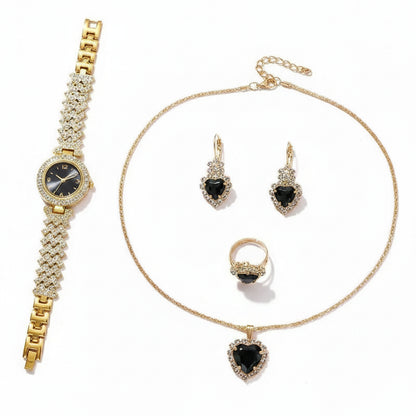 Set Reloj Dorado de Lujo con Strass y Joyería