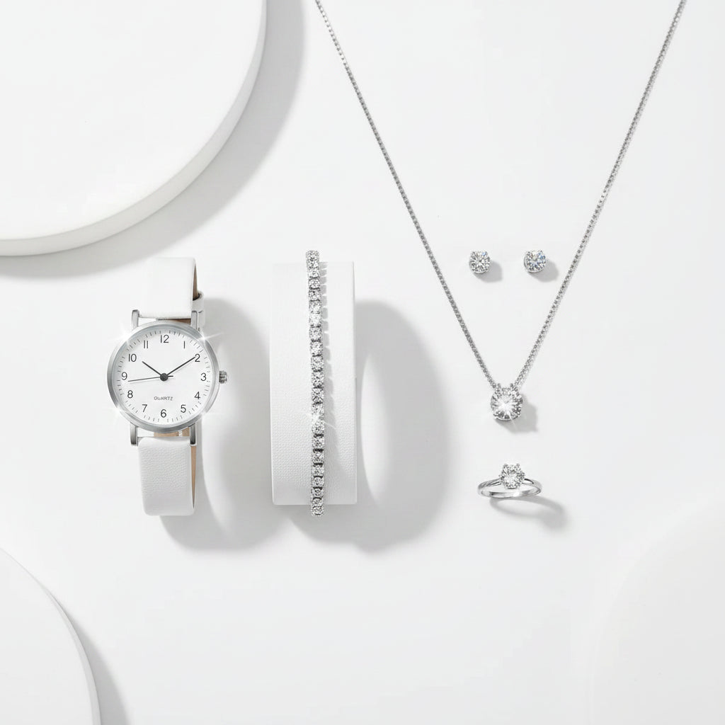 Set  Relojes Mujer Cuarzo — Correa de Piel y Joyería con Diamantes