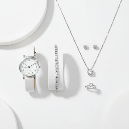 Set  Relojes Mujer Cuarzo — Correa de Piel y Joyería con Diamantes