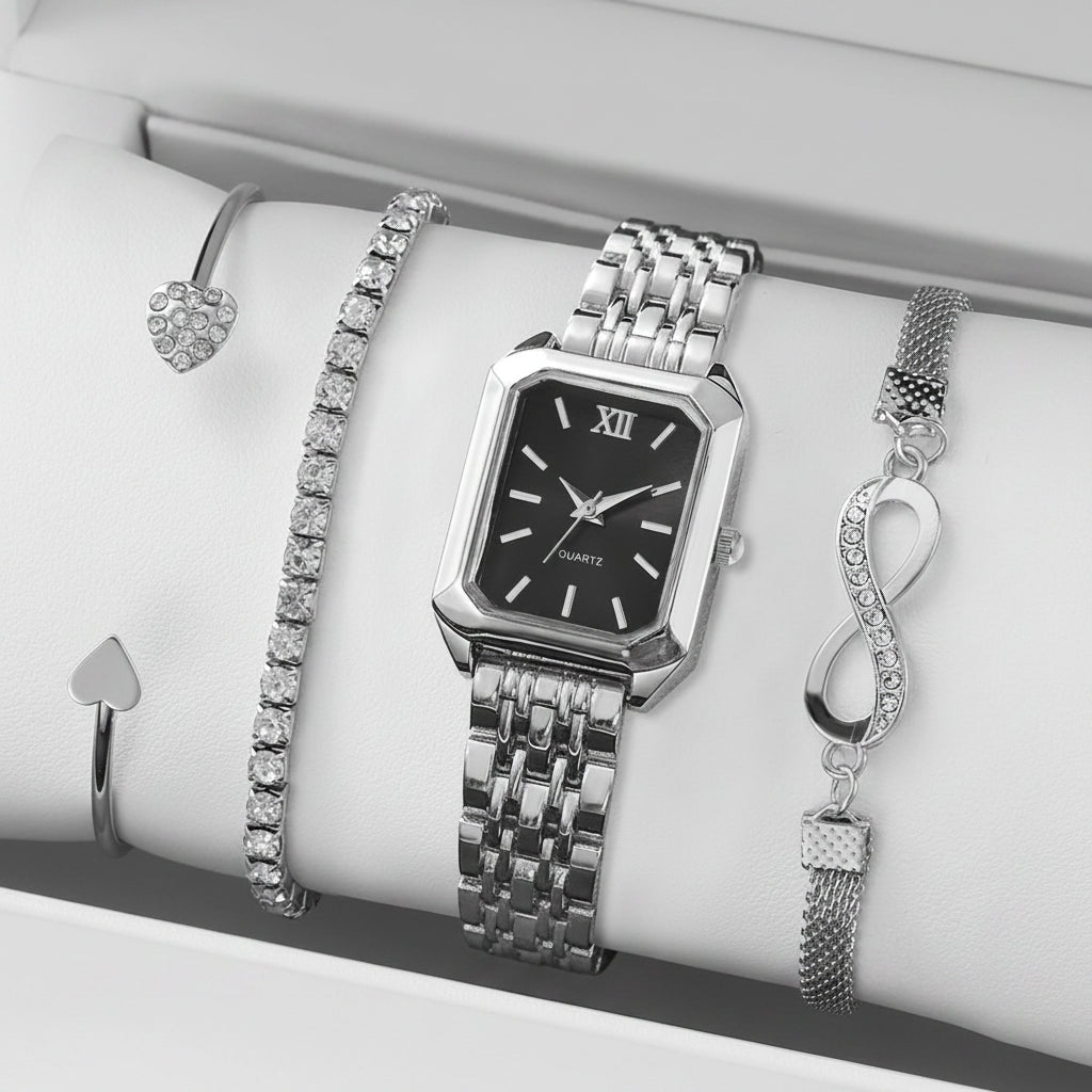 Set 4 Relojes y Pulseras Mujer — Esfera Rectangular Romana