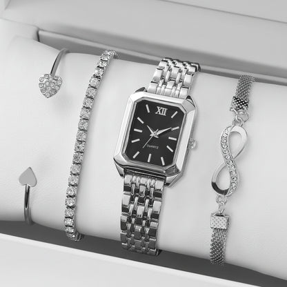 Set 4 Relojes y Pulseras Mujer — Esfera Rectangular Romana