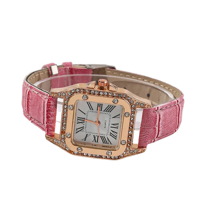 Set 6 Piezas Reloj Rosa con Correa de Cuero y Mariposa