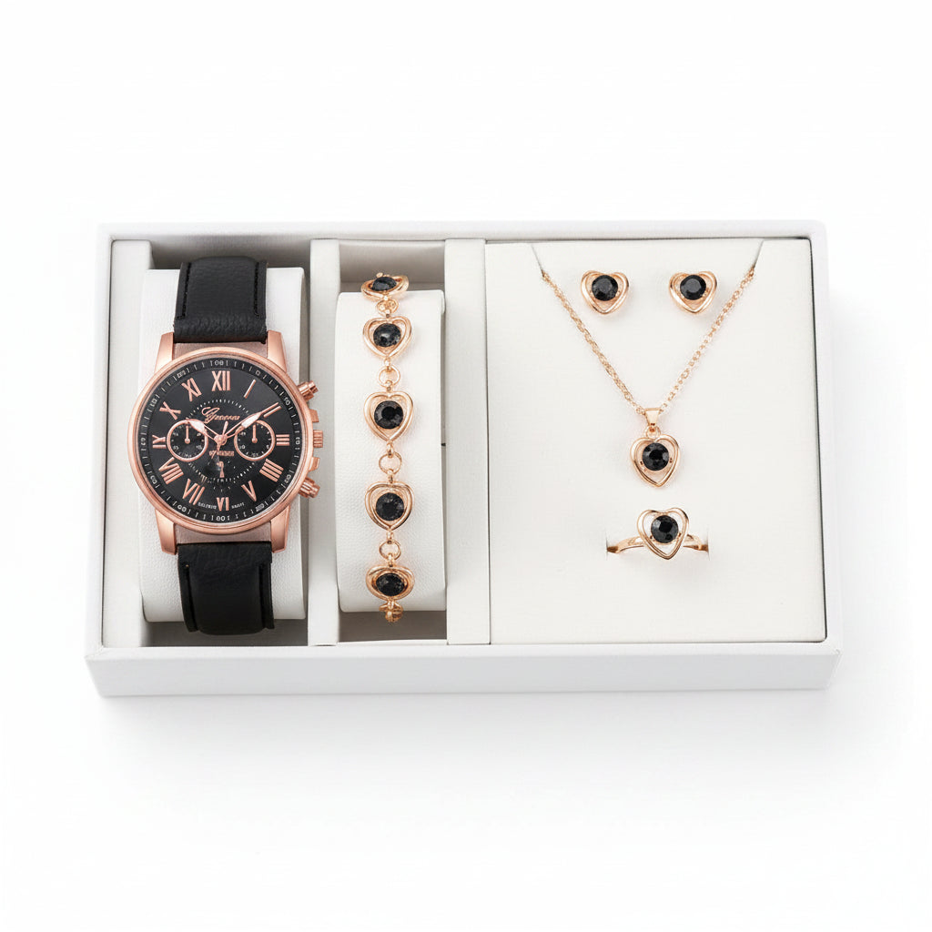 Set 6 Piezas Reloj de Cuarzo con Corazón de Strass y Joyería