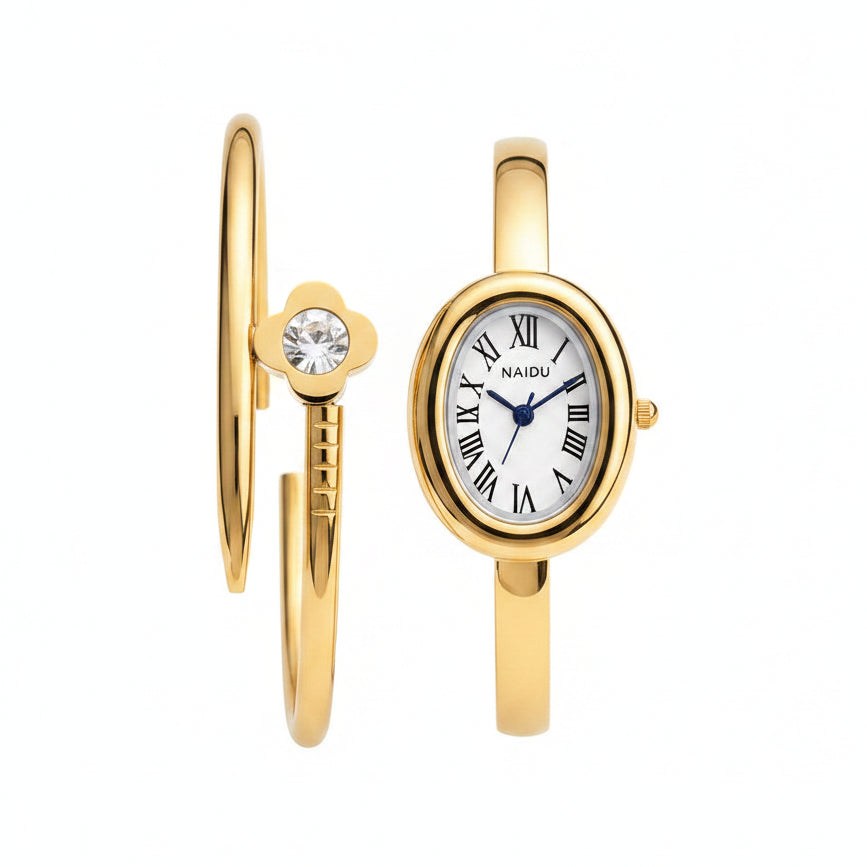 Set Reloj Retro de Cuarzo con Pulsera de Acero