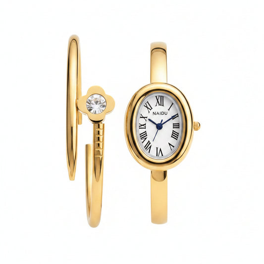 Set Reloj Retro de Cuarzo con Pulsera de Acero
