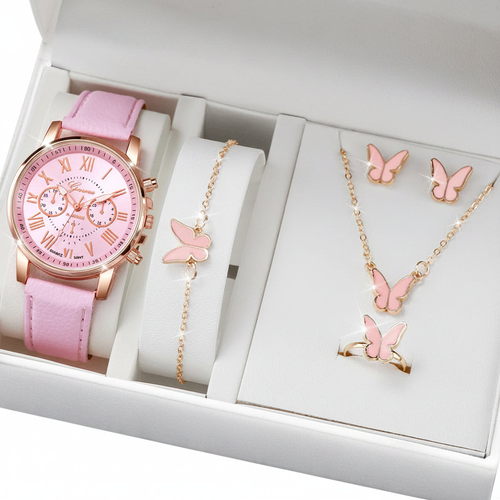 Set 6 Piezas Reloj de Cuarzo con Corazón de Strass y Joyería