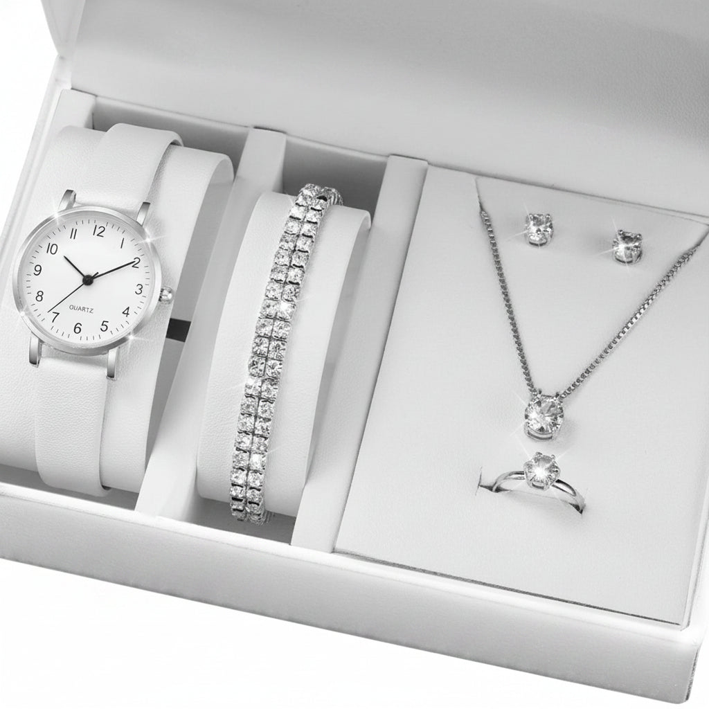 Set  Relojes Mujer Cuarzo — Correa de Piel y Joyería con Diamantes