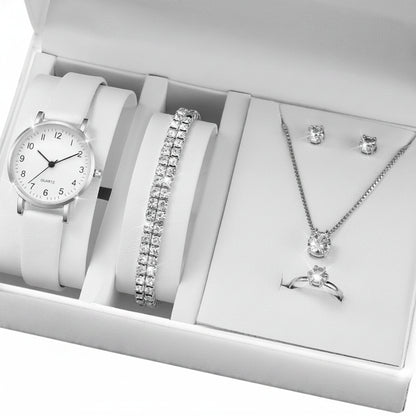 Set  Relojes Mujer Cuarzo — Correa de Piel y Joyería con Diamantes