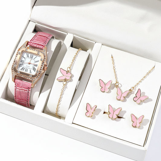 Set 6 Piezas Reloj Rosa con Correa de Cuero y Mariposa