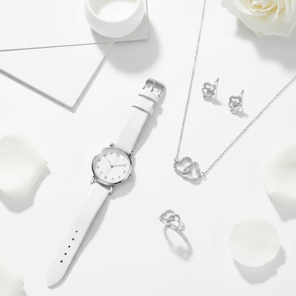 Set  Relojes Mujer Cuarzo — Correa de Piel y Joyería con Diamantes