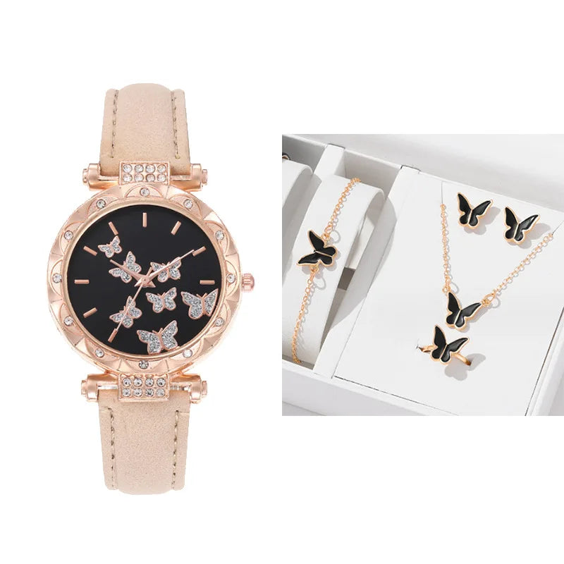 Set Reloj Mariposa con Correa de Cuero y Joyería